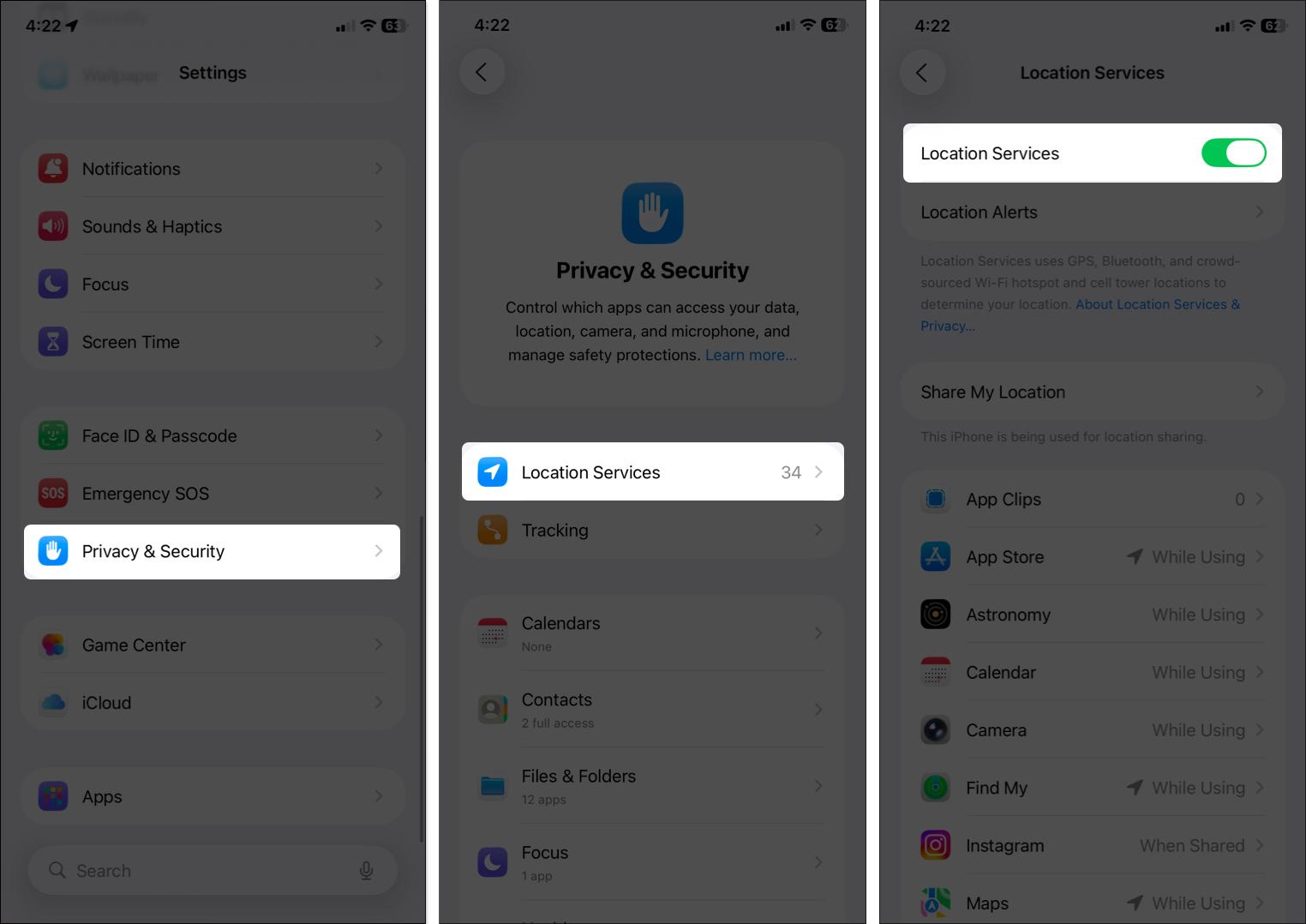 Turn on location services from iPhone settings