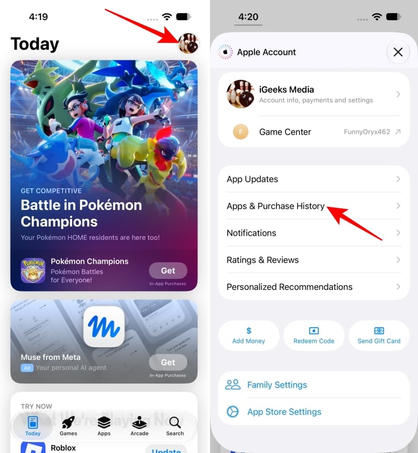 App Store profile menu with Apps & Purchase History.
