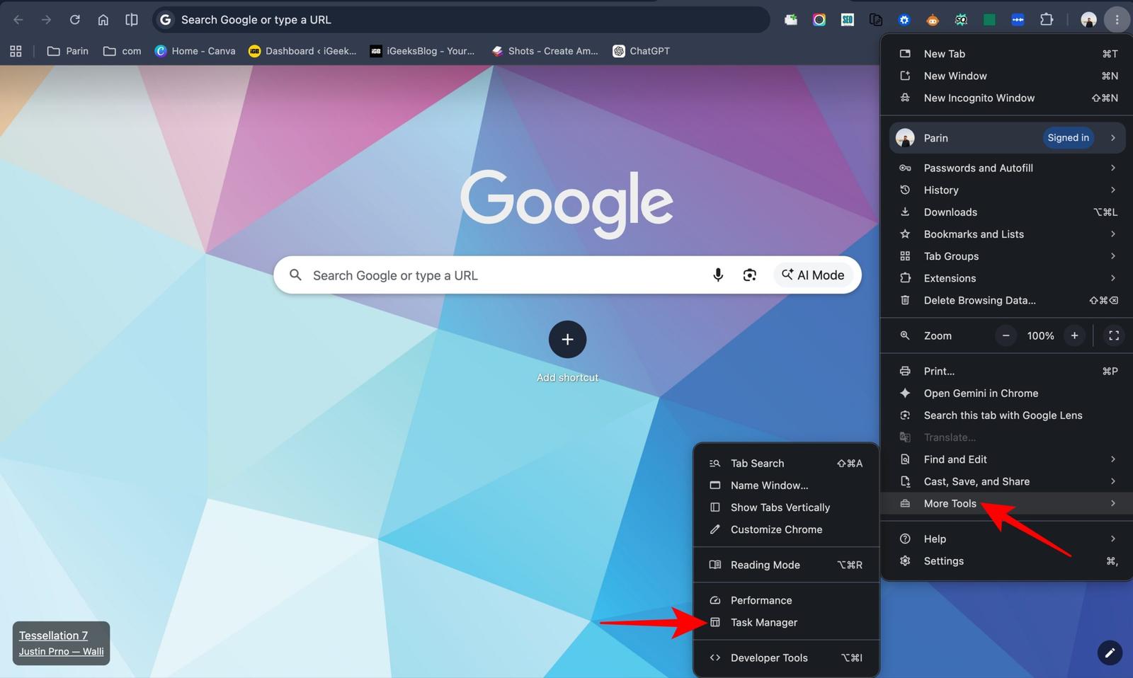 Browser Task Manager showing resource usage by tabs.
