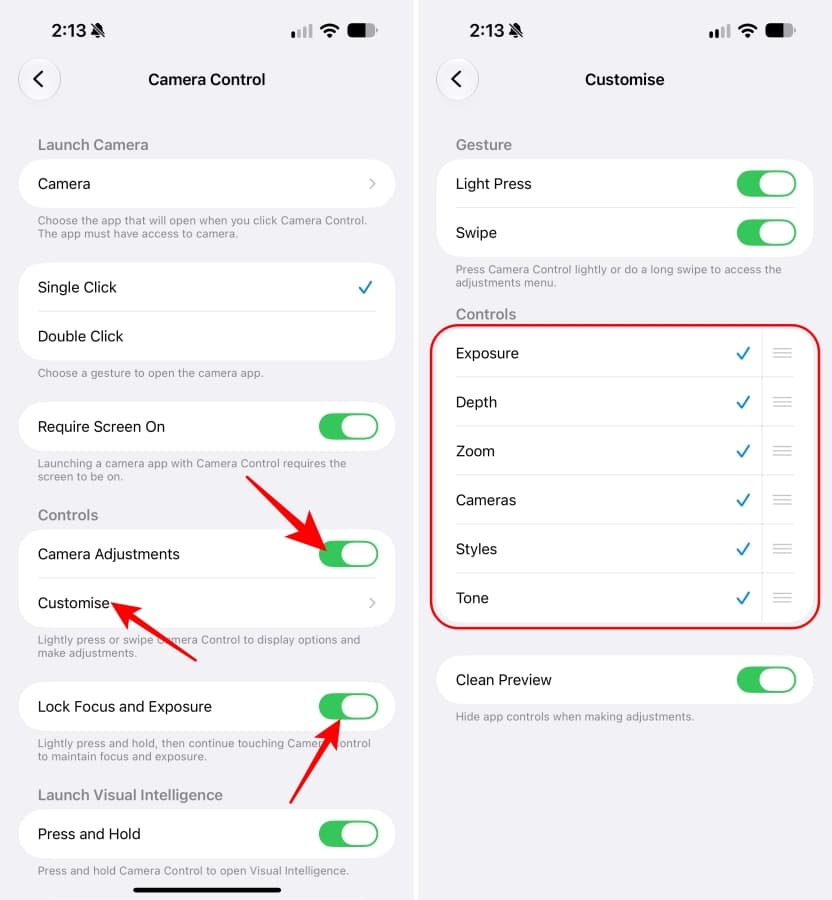 Camera Adjustments and Lock Focus and Exposure settings