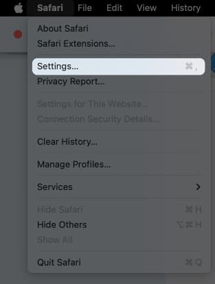 Go to Safari on menu bar tap Settings