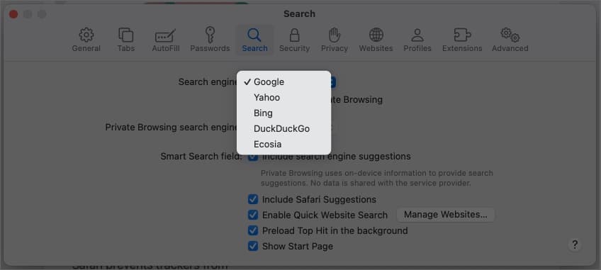Click the drop-down menu next to the Search engine option to select your choice