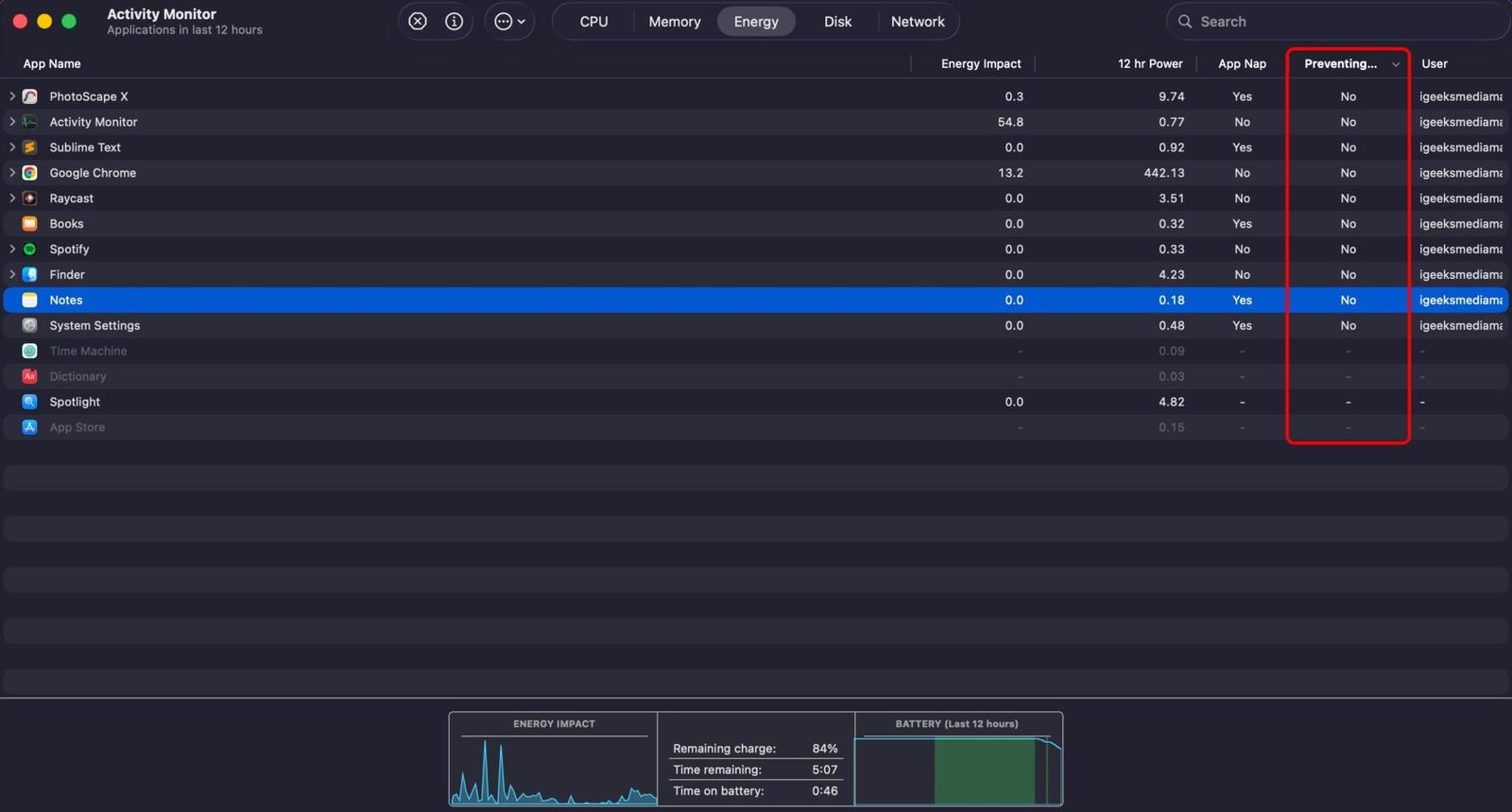 Check Activity Monitor's Preventing Sleep column