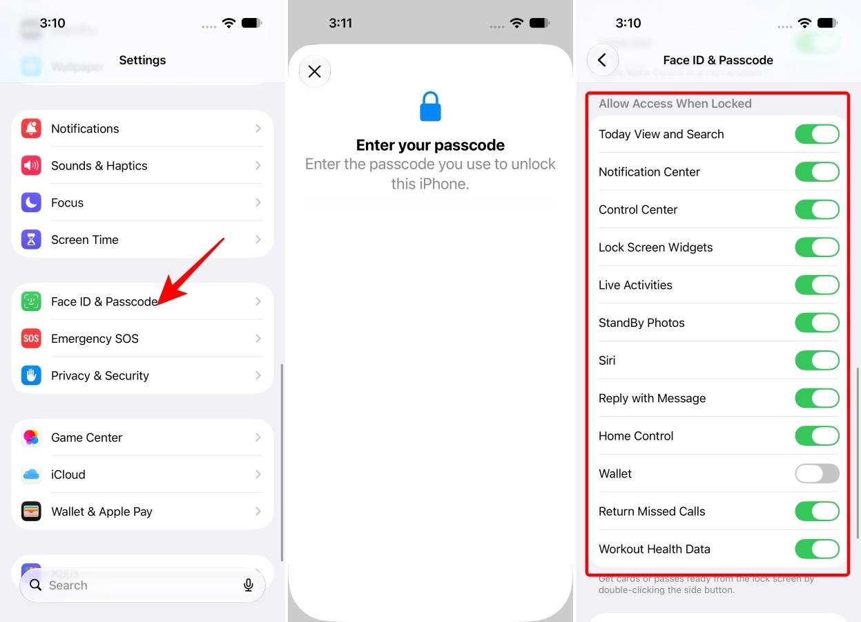 Face ID & Passcode settings with locked-screen access options