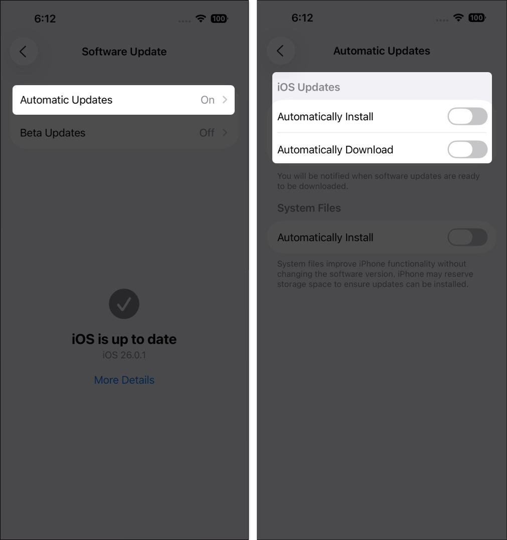 Select Automatic Updates → Then, toggle off iOS updates