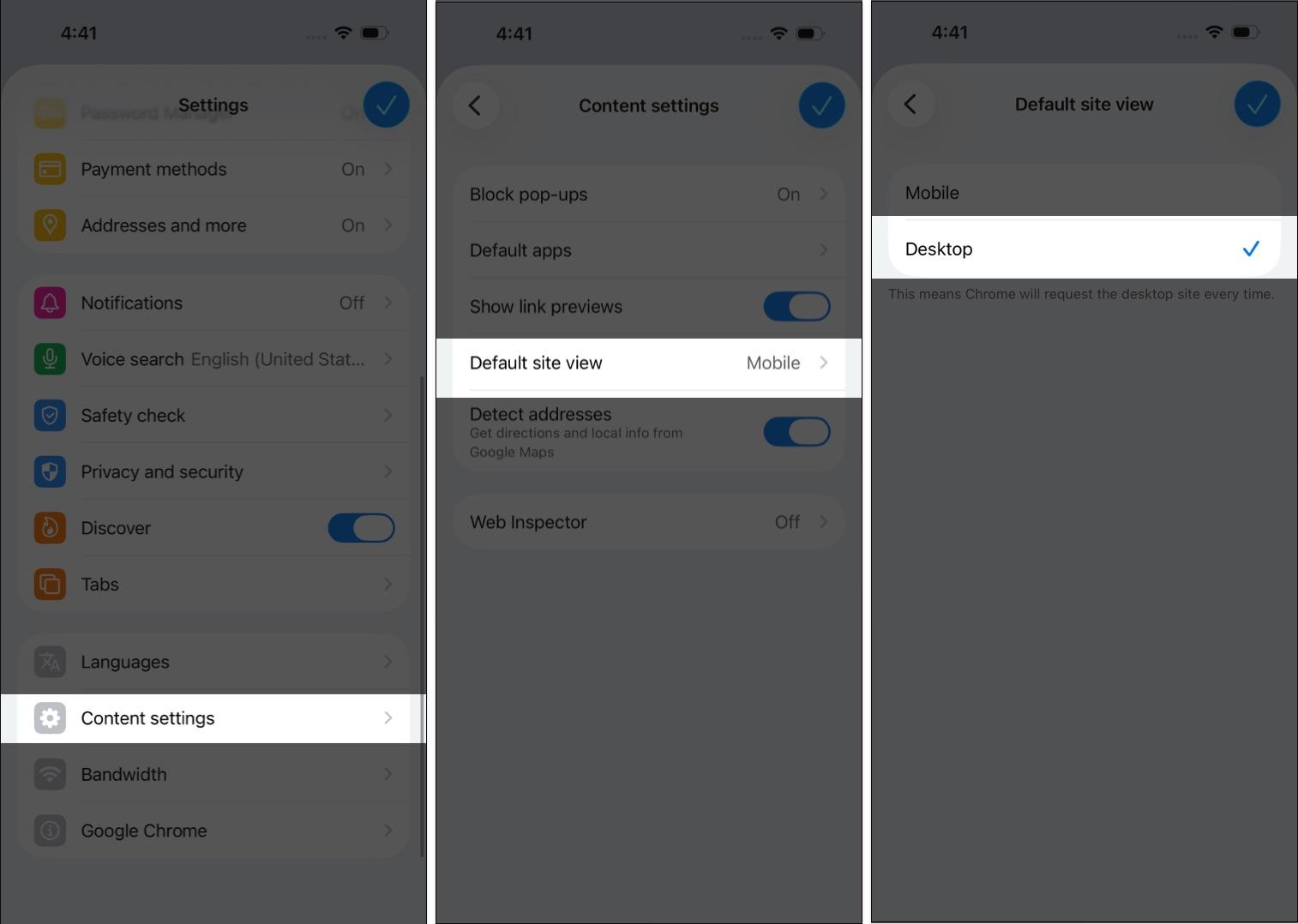 Open Chrome Settings and set Default Site View to Desktop
