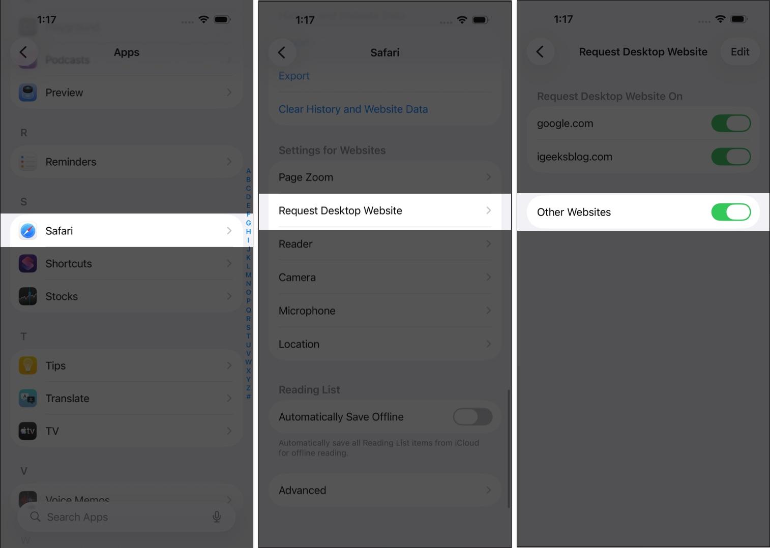 Open Settings go to Apps select Safari then enable Request Desktop Website for other sites