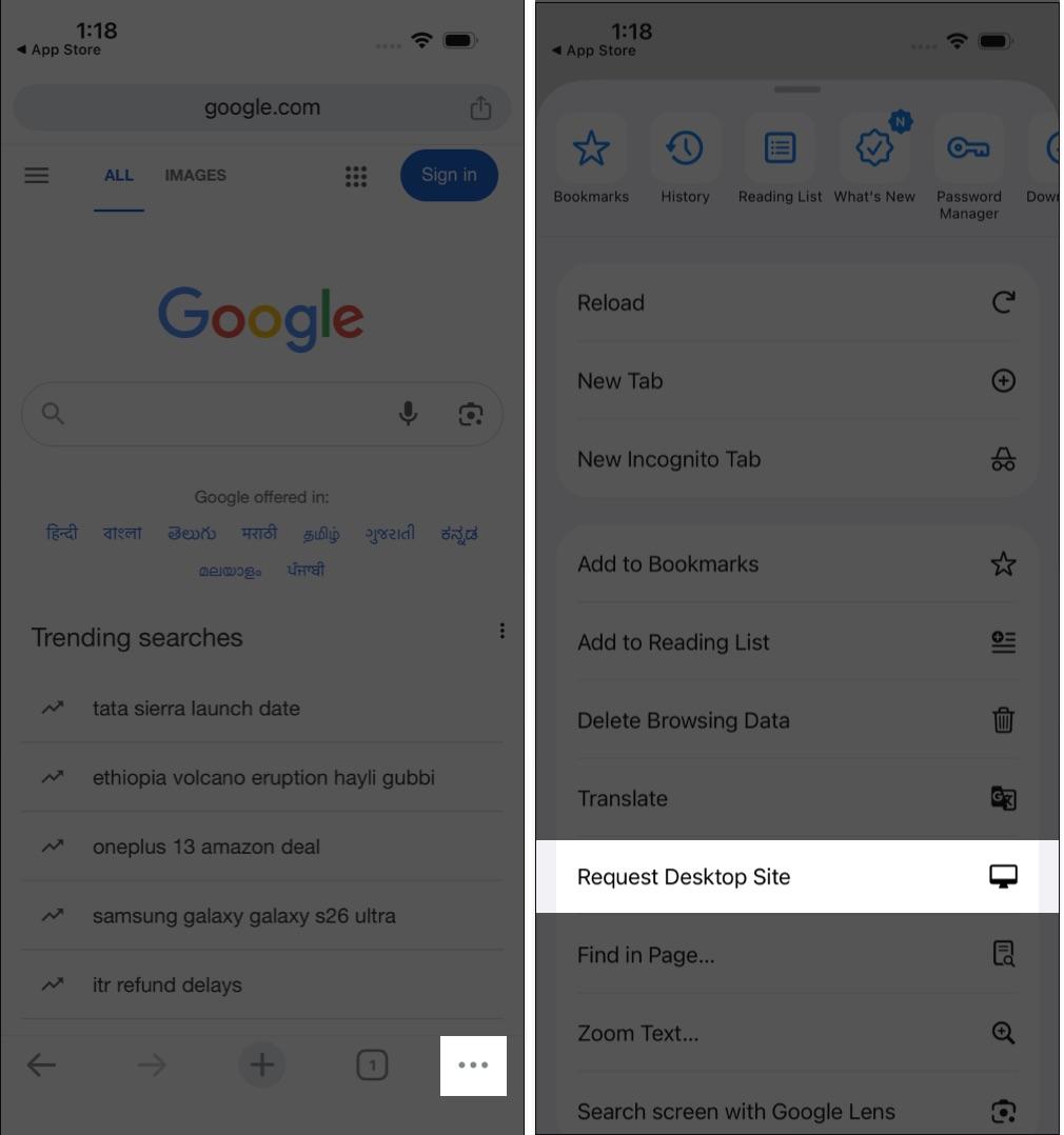 Open site in Chrome tap three dots and choose Request Desktop Site
