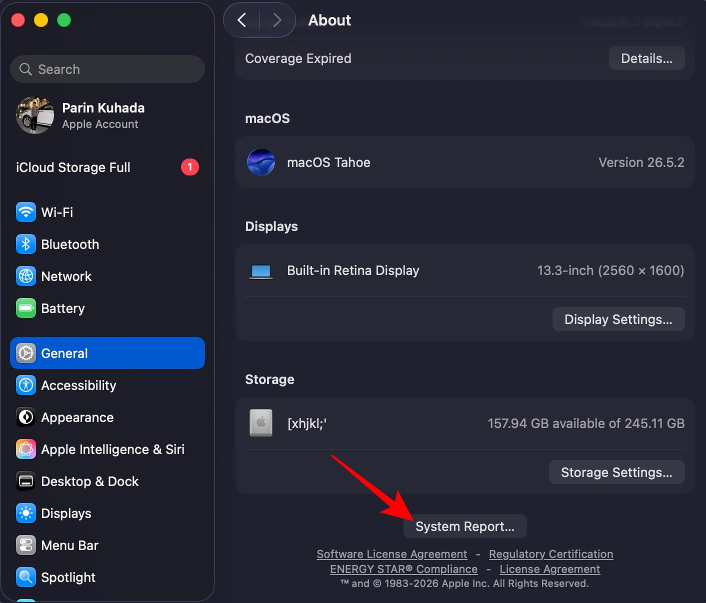 Scroll to the bottom in the About menu and hit System Report.
