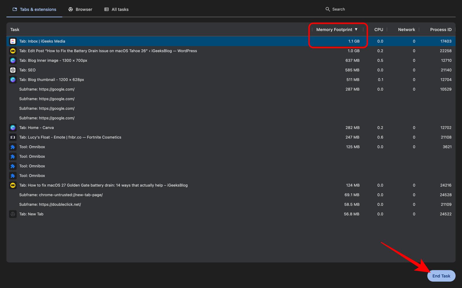 Select the tab and click End Process.
