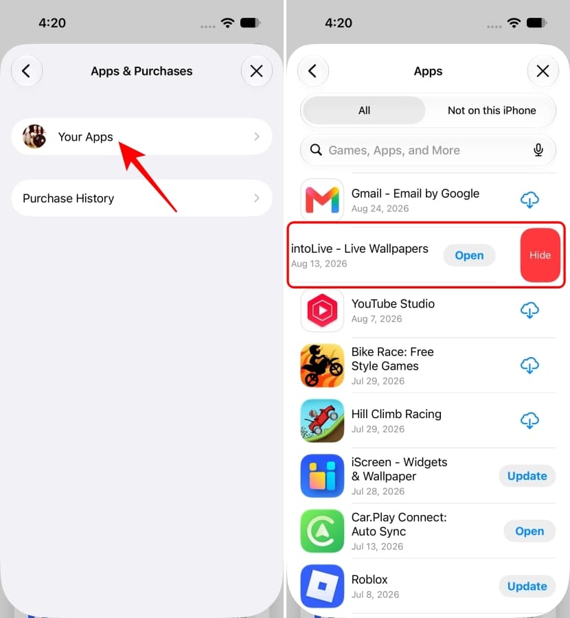 Your Apps list with the Hide option.