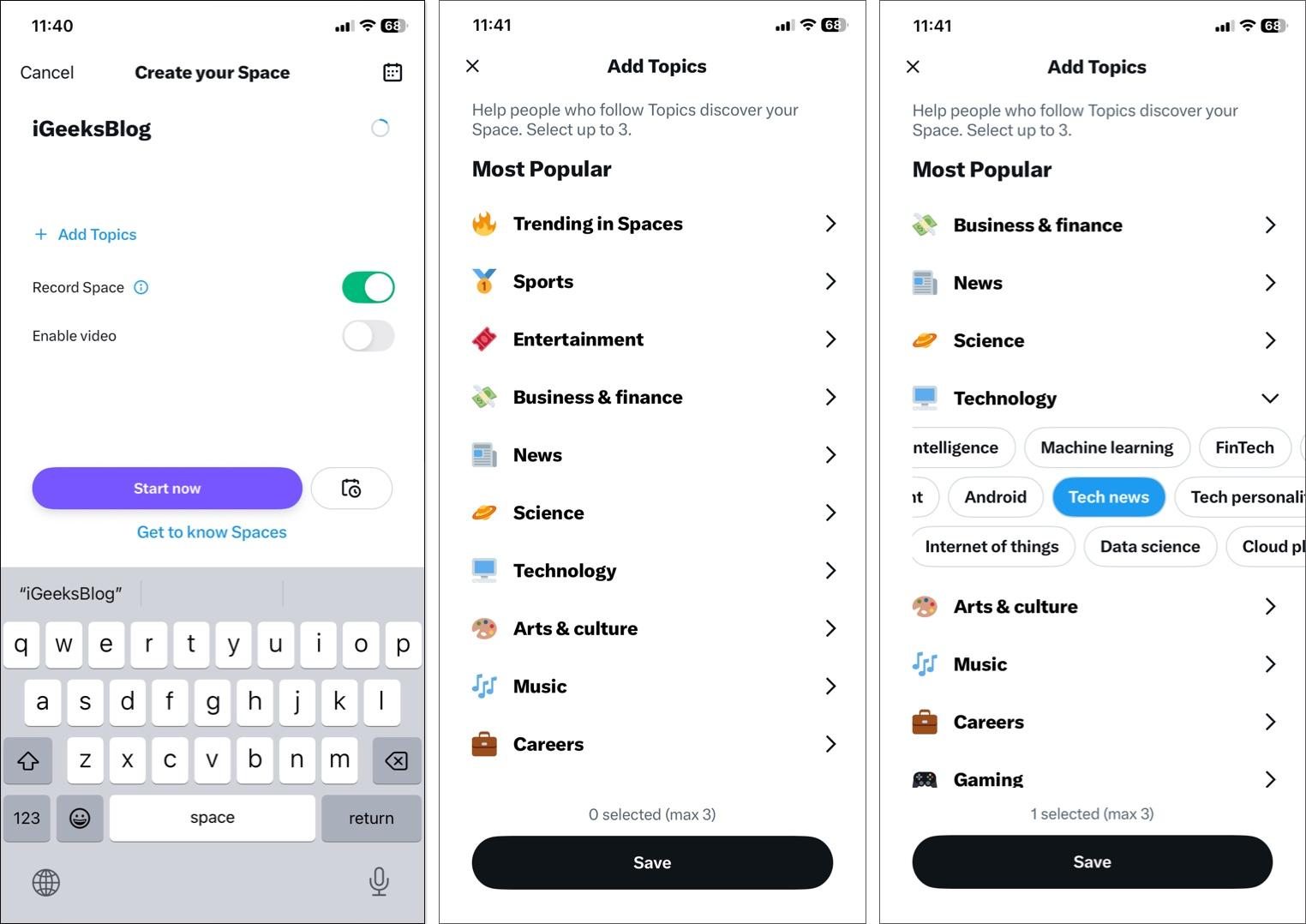 Add topics then tap save button to create space