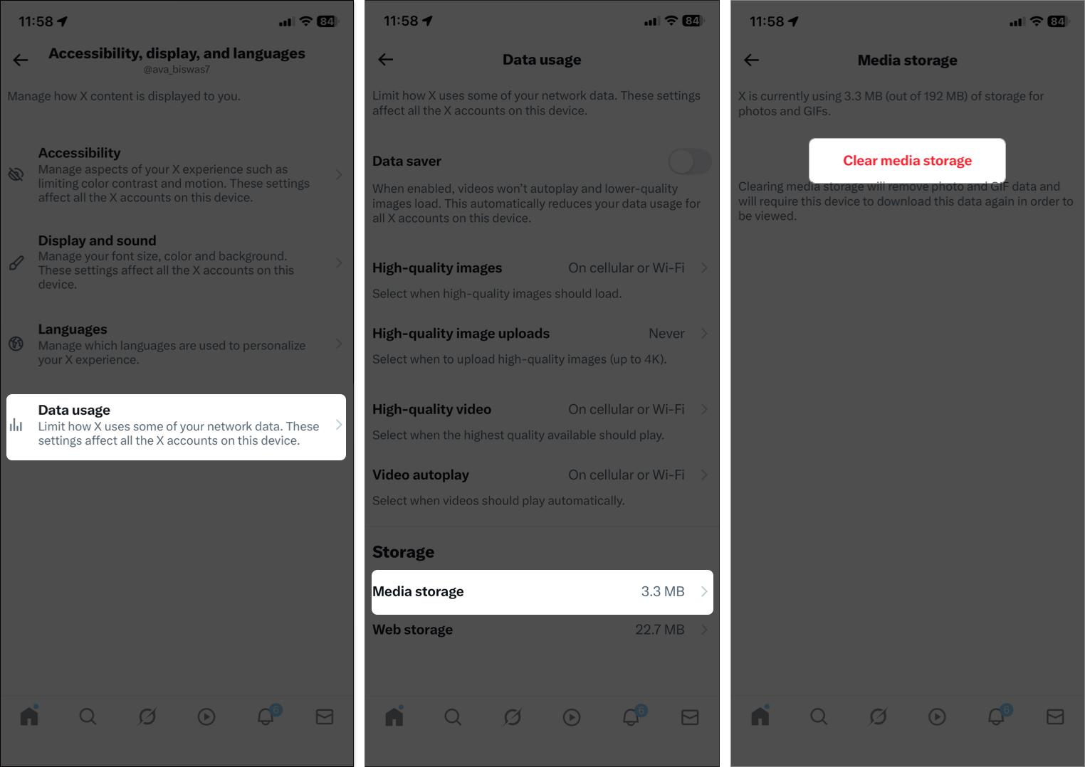 Clear media storage on X app