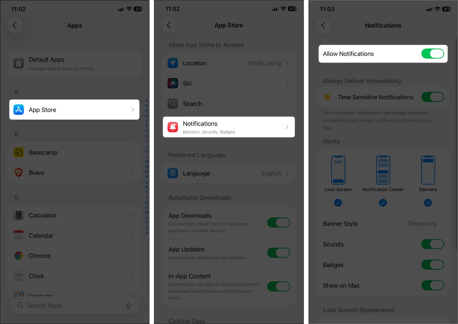 Enable notifications from settings on iPhone