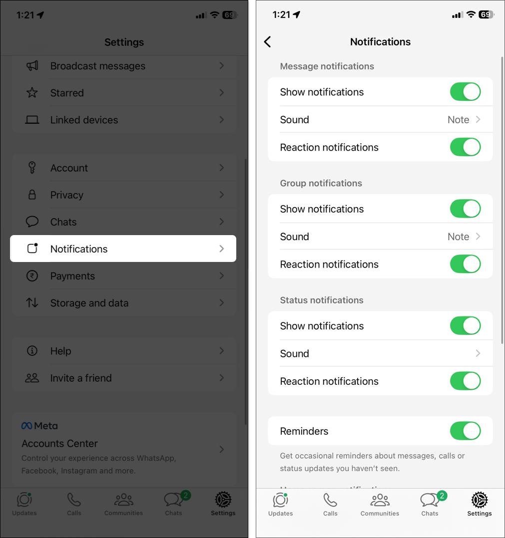 Enable notifications from WhatsApp settings