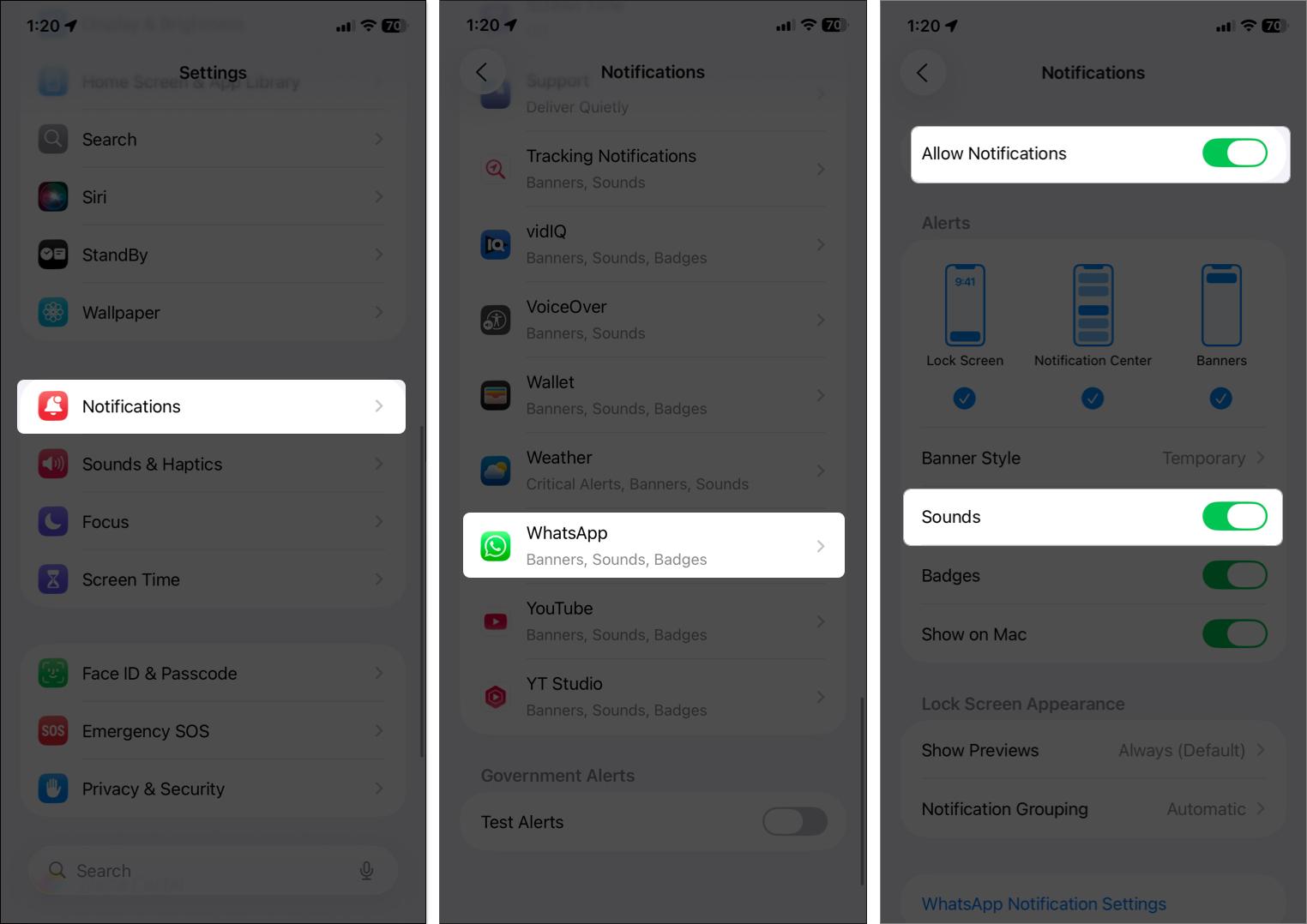 Enable WhatsApp notifications from iPhone settings