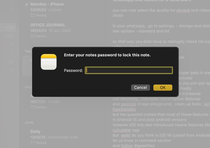 Enter password to lock notes