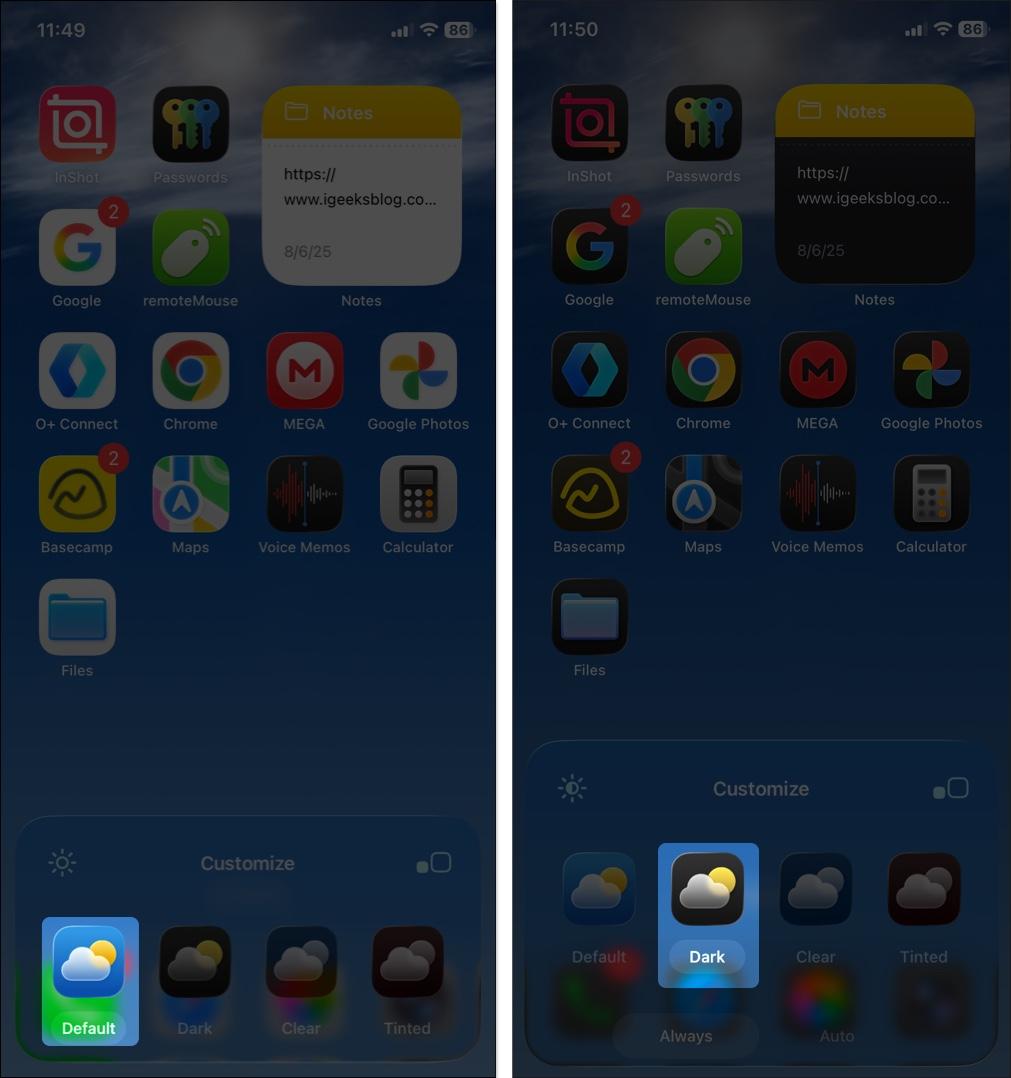 Home screen with default and dark theme