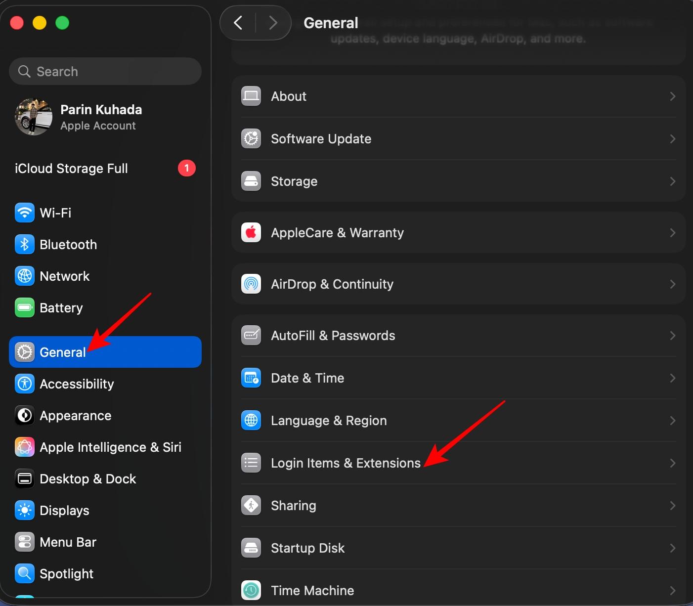 macOS Login Items & Extensions settings.