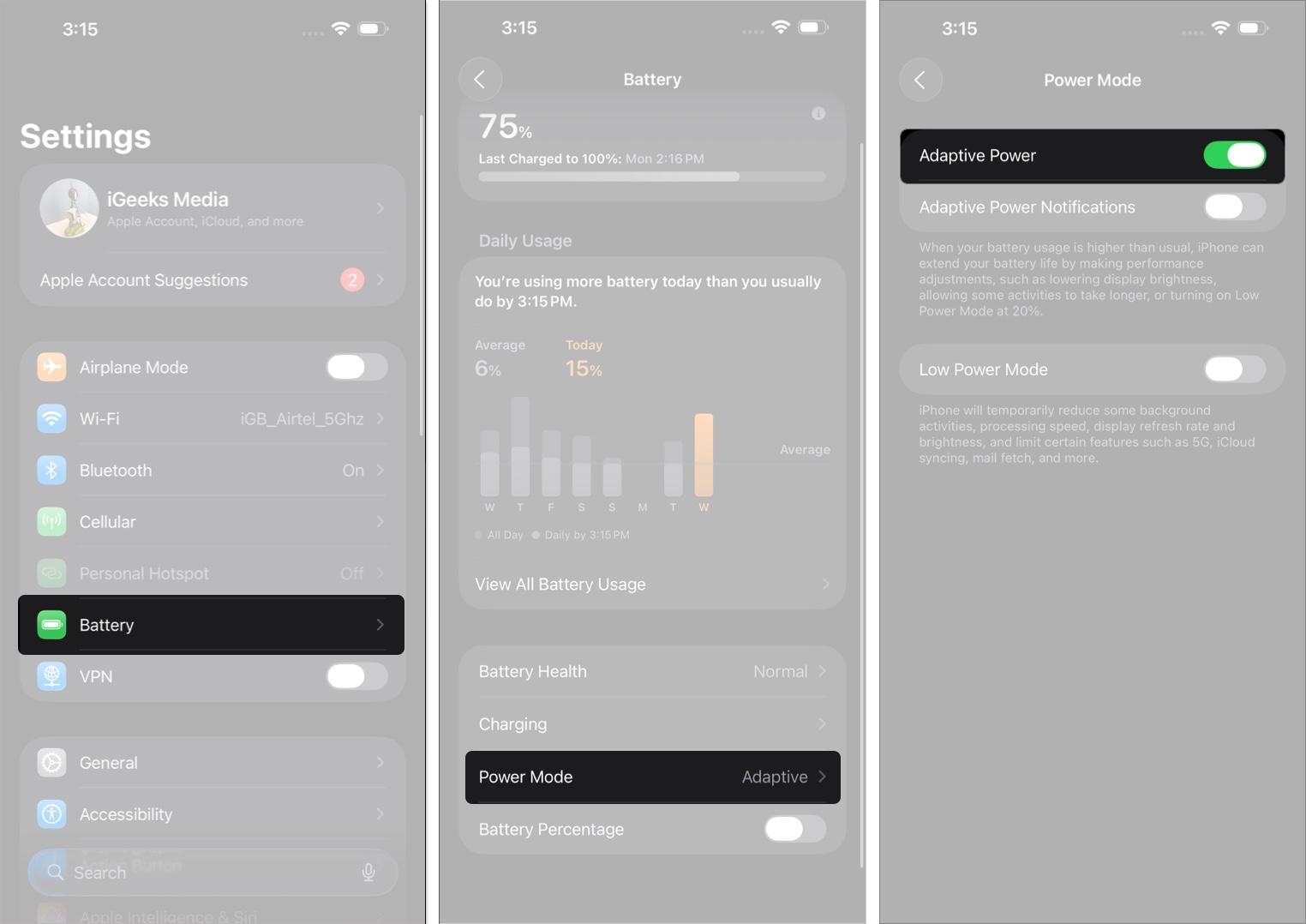 Open battery settings then toggle on adaptive power mode