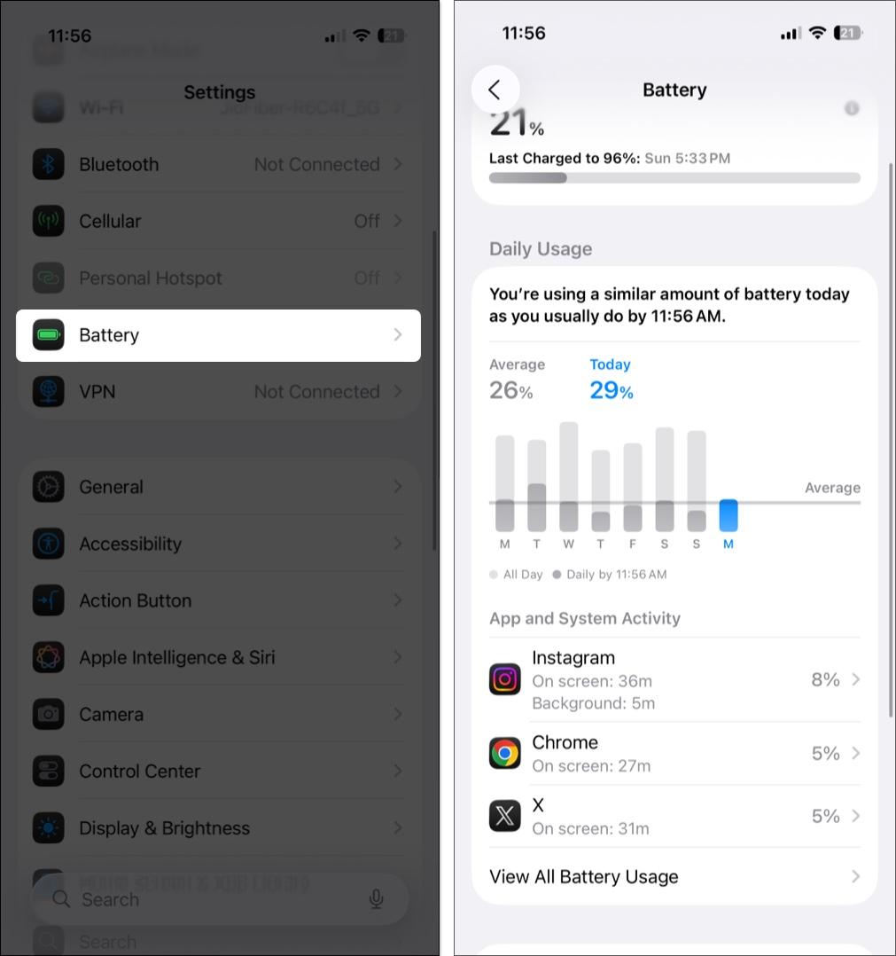 Open battery settings to check battery insights on iPhone
