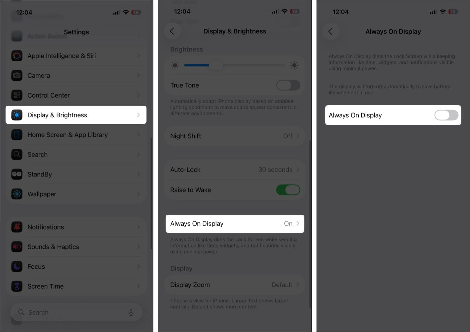 Open display and brightness then toggle on always on display on iPhone