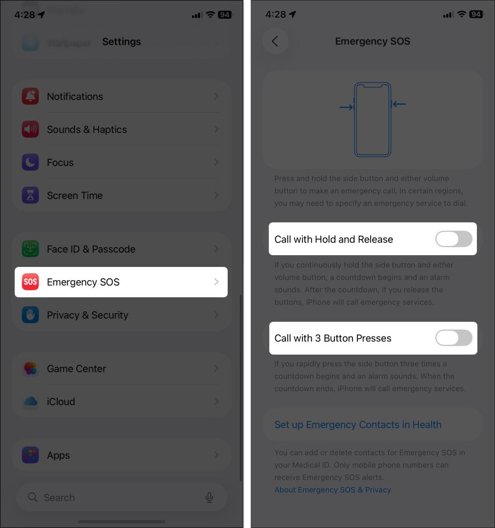 Open Emergency SOS then toggle off both options