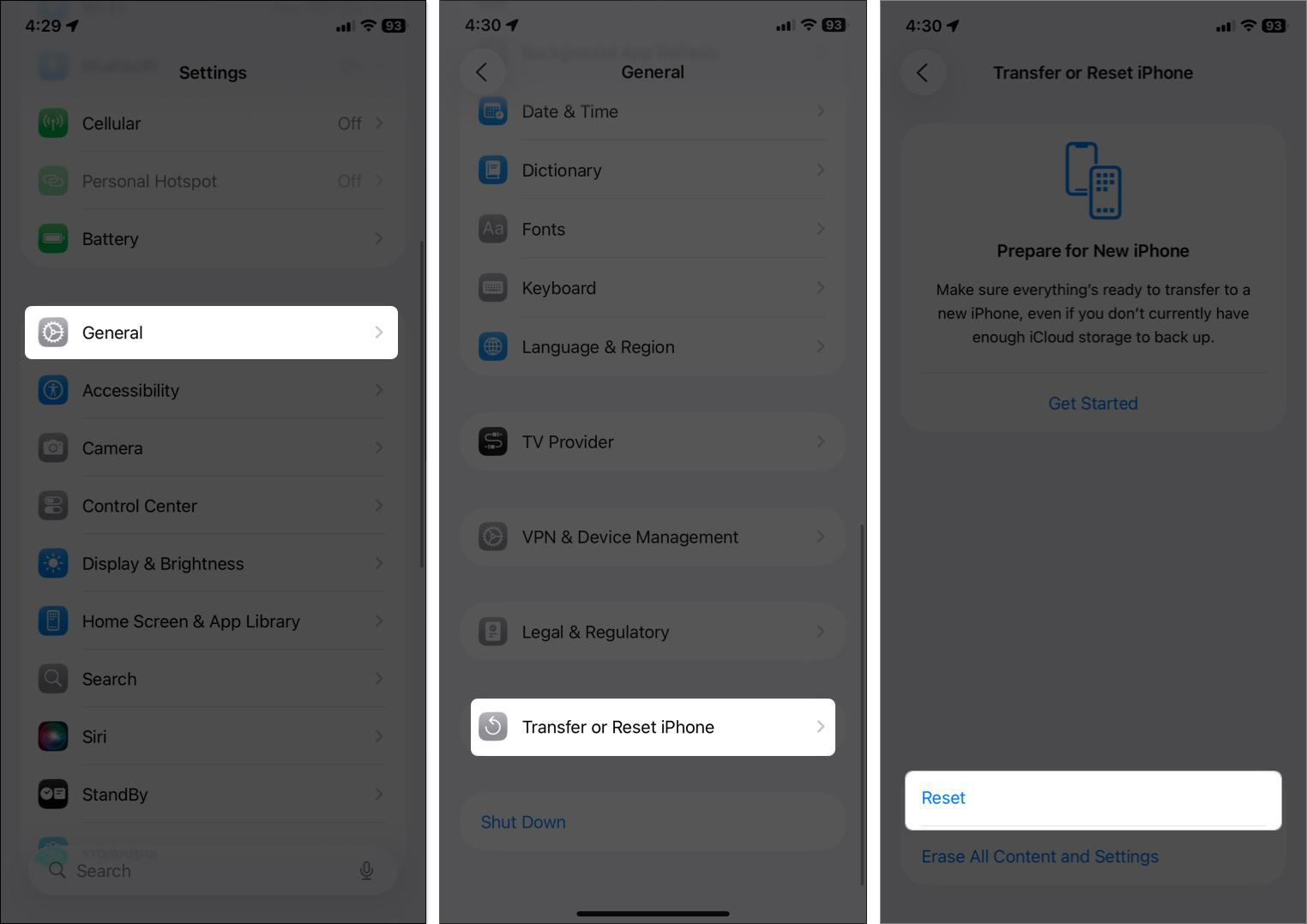 Open general settings then tap on transfer or reset iPhone