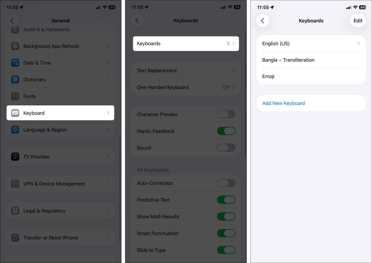 Open keyboard setting to check default keyboard is active on iPhone