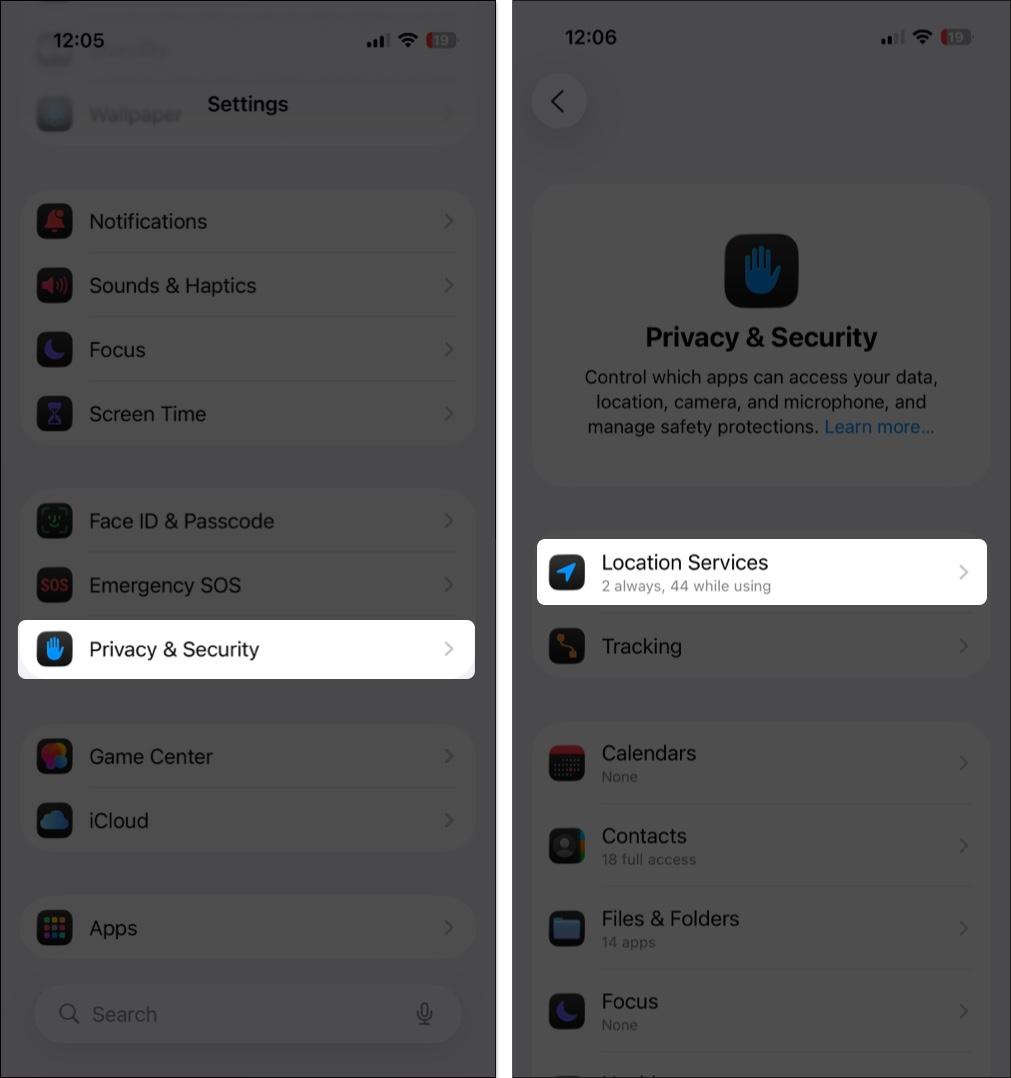 Open location services from privacy and security settings on iPhone