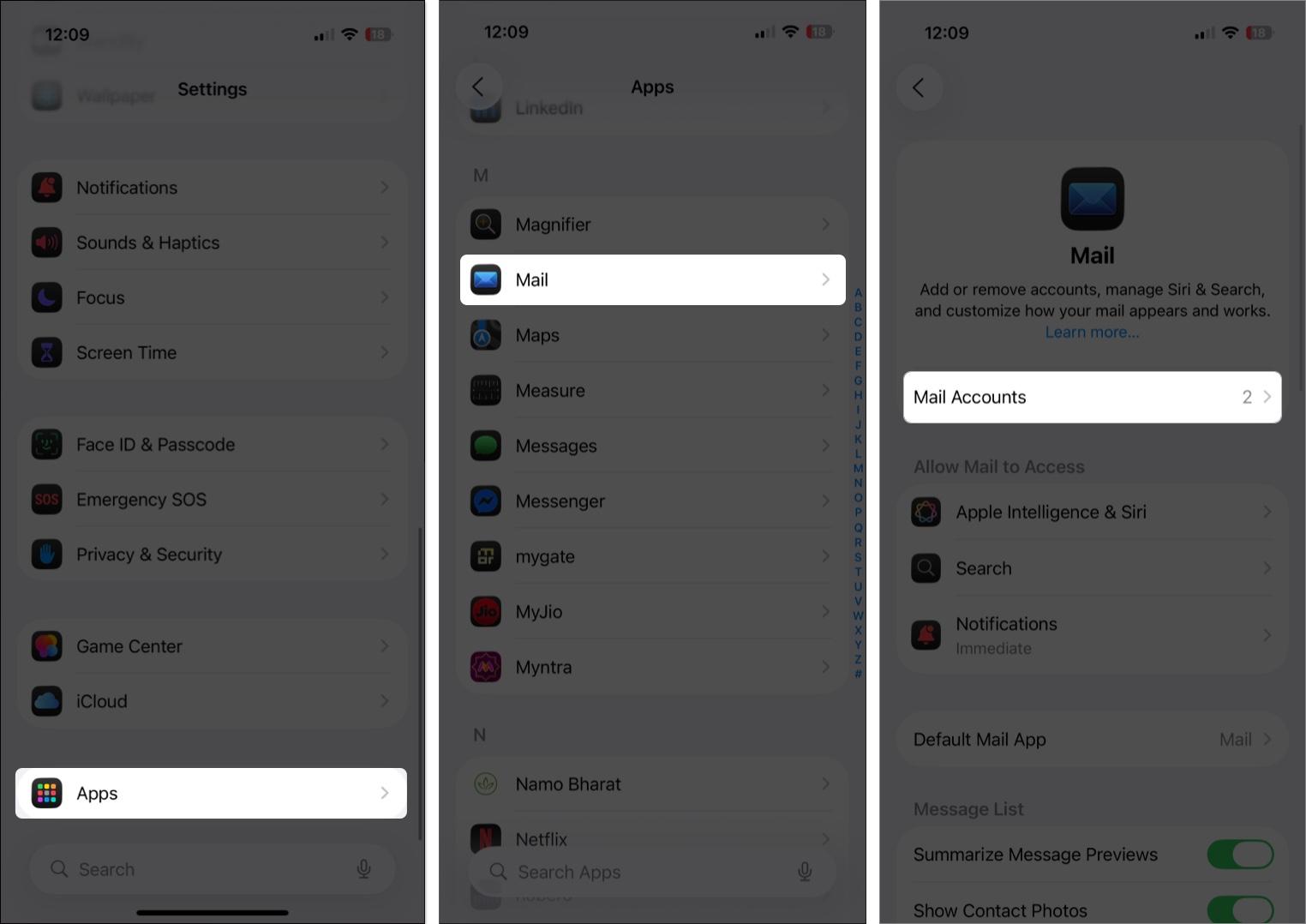 Open mail accounts from mail app on iPhone settings