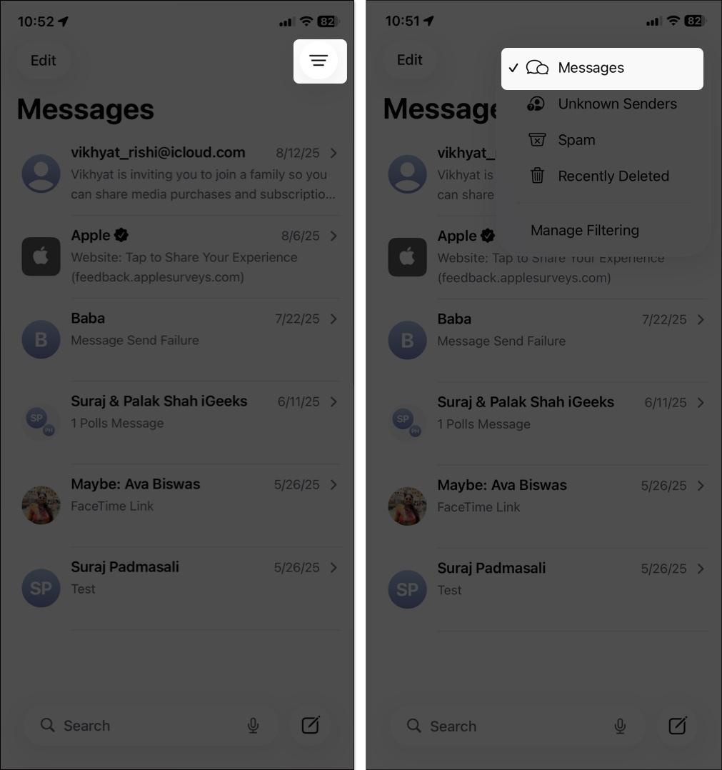 Open message app tap filter icon select messages