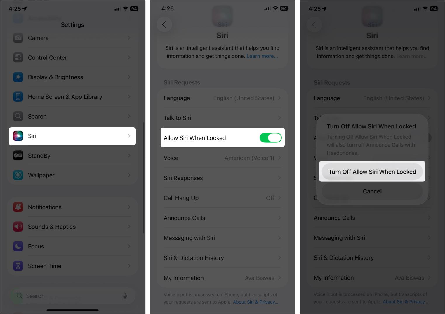 Open Siri setting on iPhone and turn off Siri when iPhone is locked