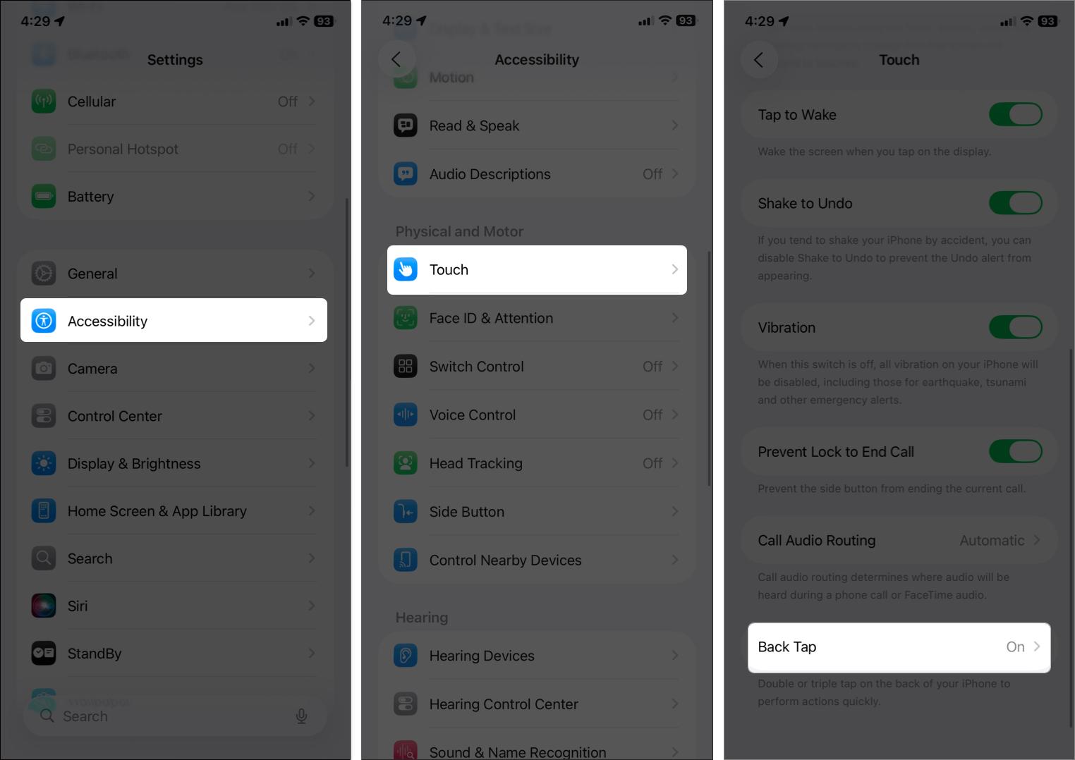 Open touch settings from accessibility then access back tap option