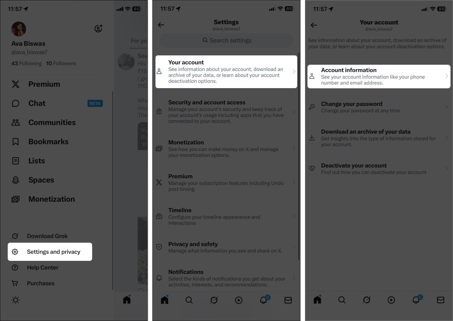 Open X app select settings and privacy settings