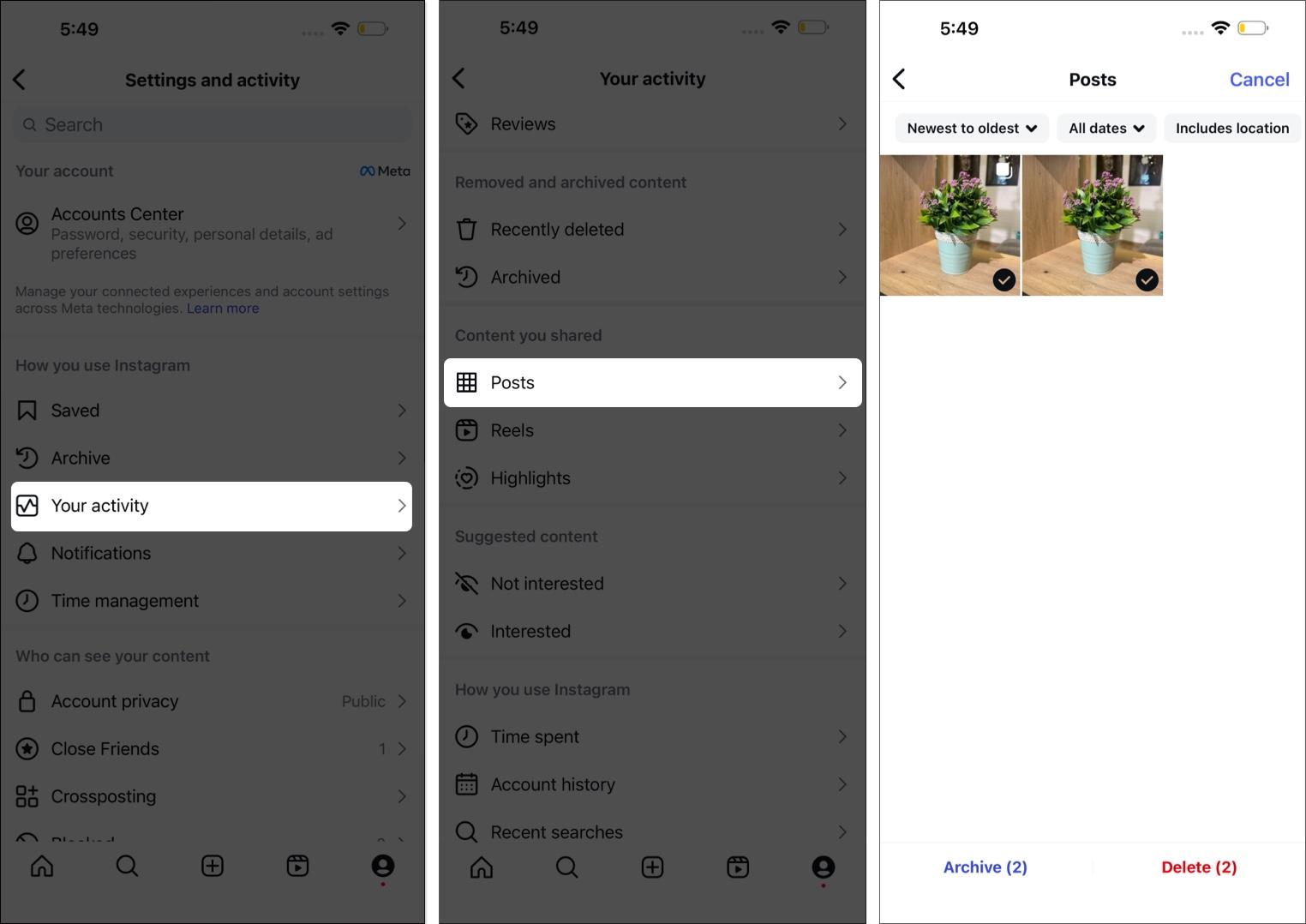 how to bulk select images to archive on Instagram