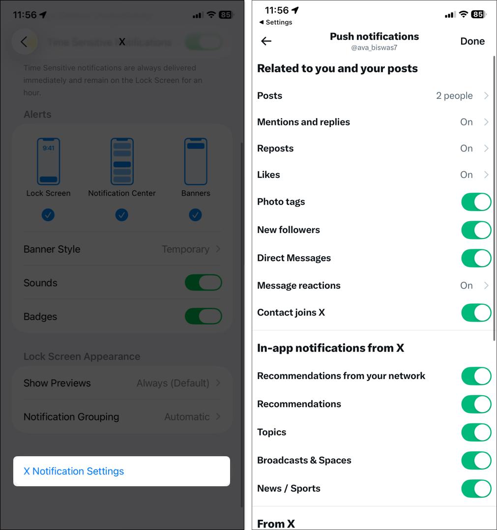 Select X notification settings then enable required notifications