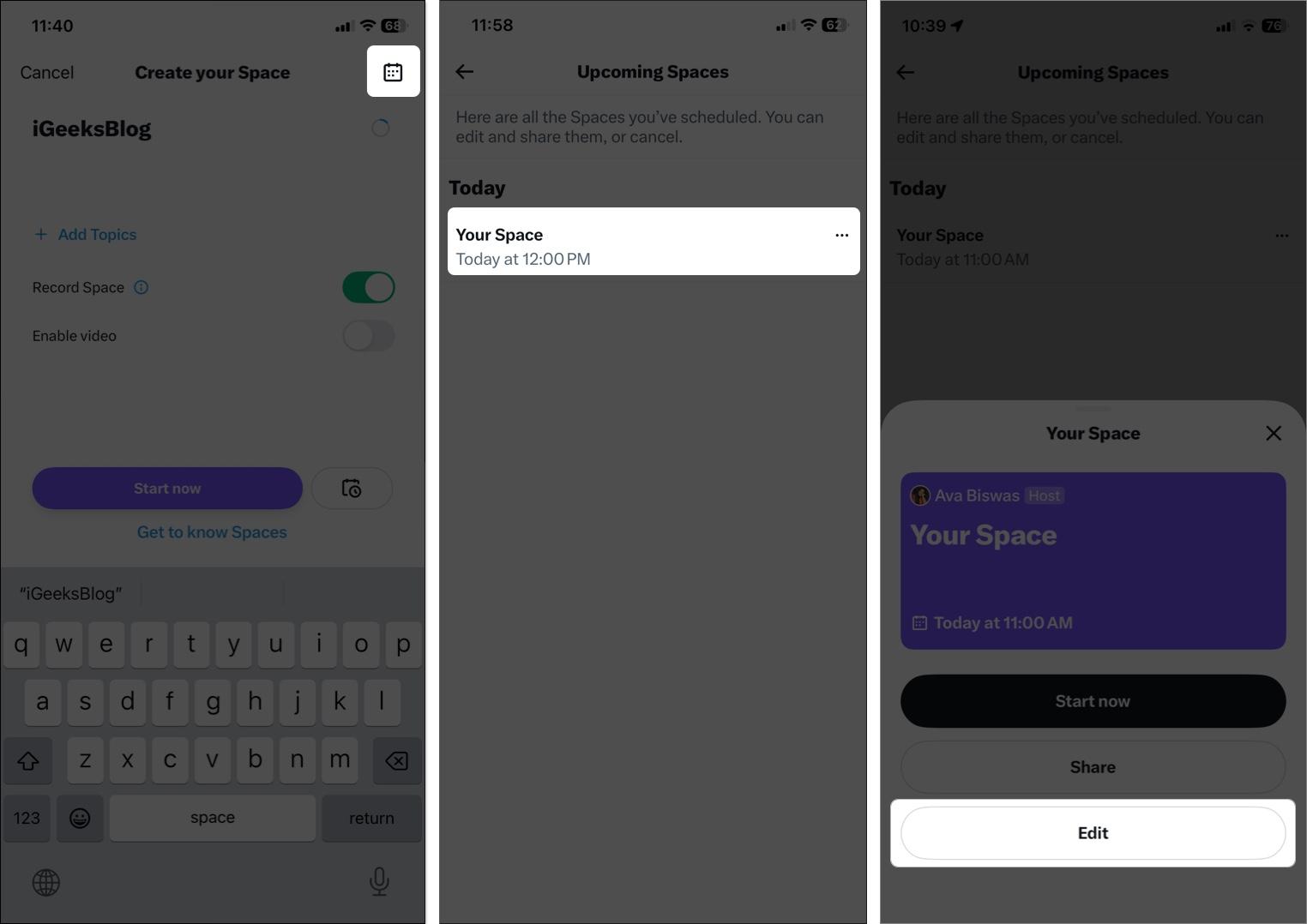 Select a scheduled space and tap edit