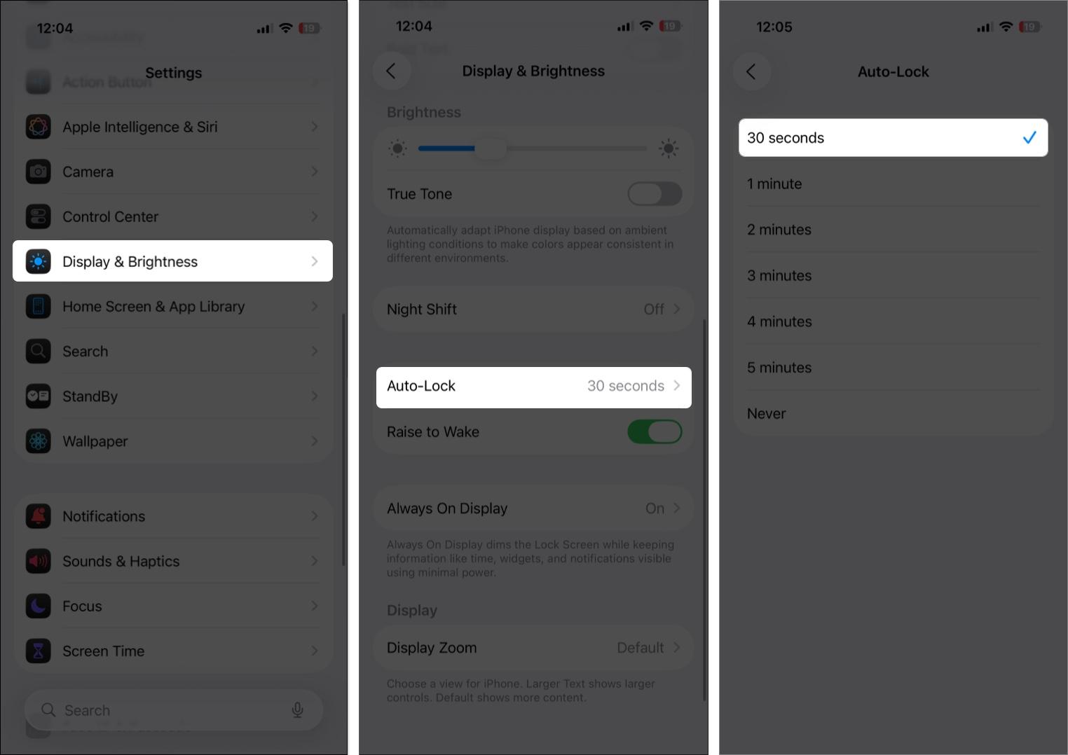 Set auto lock timer in iPhone settings