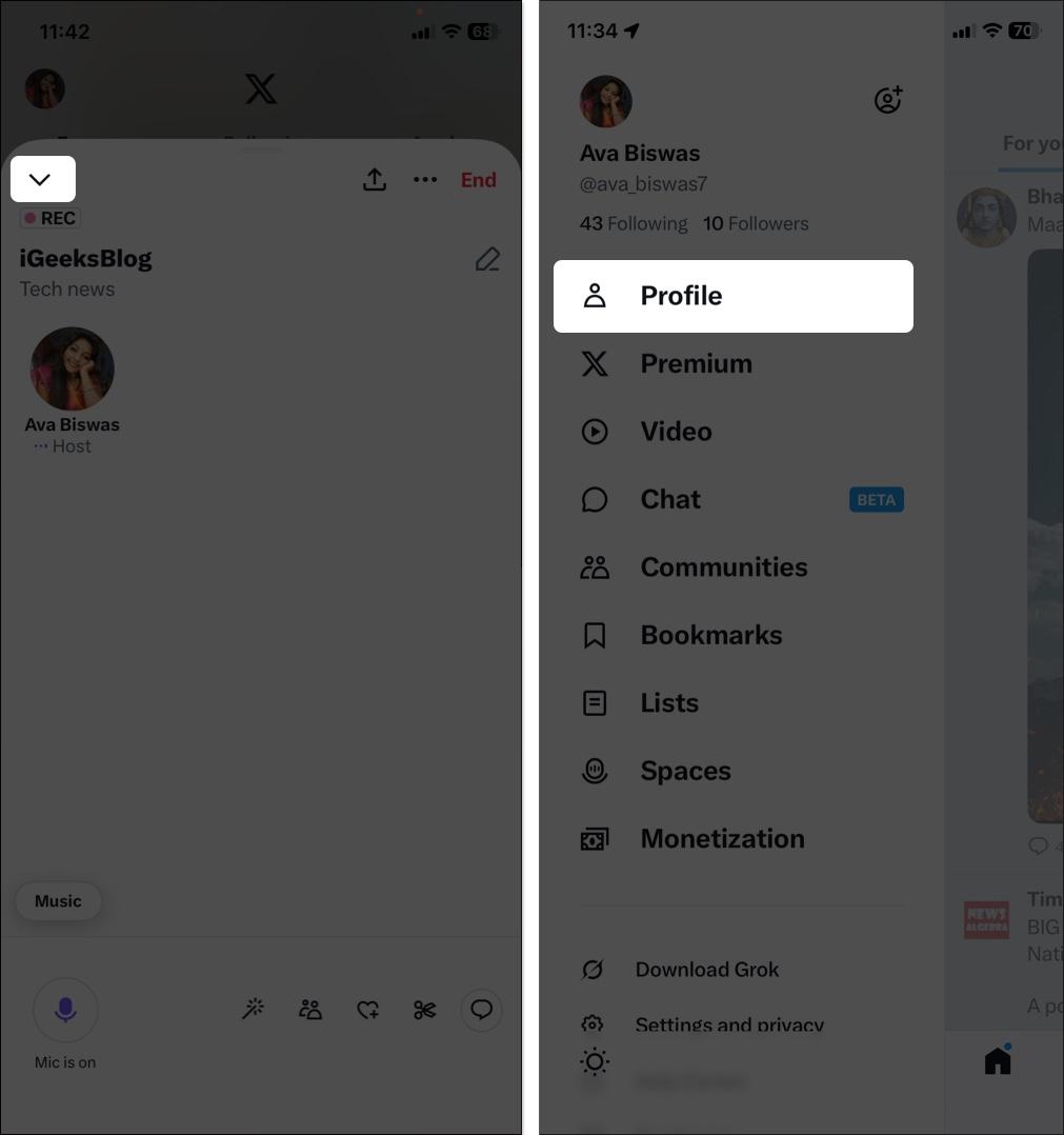 Tap down arrow then open your profile