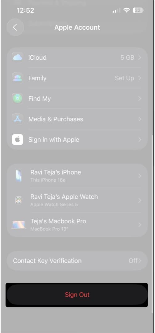 Tap on apple accounts and get sign out option in iPhone settings