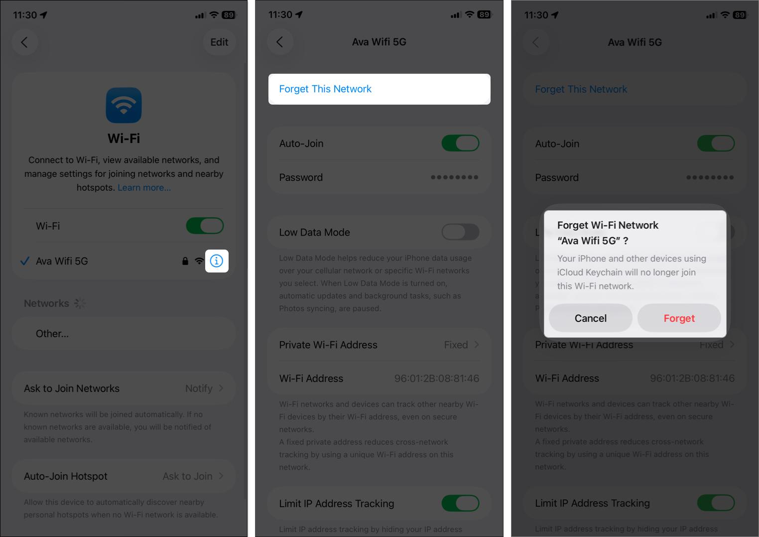 Tap on i button to access forget this network option