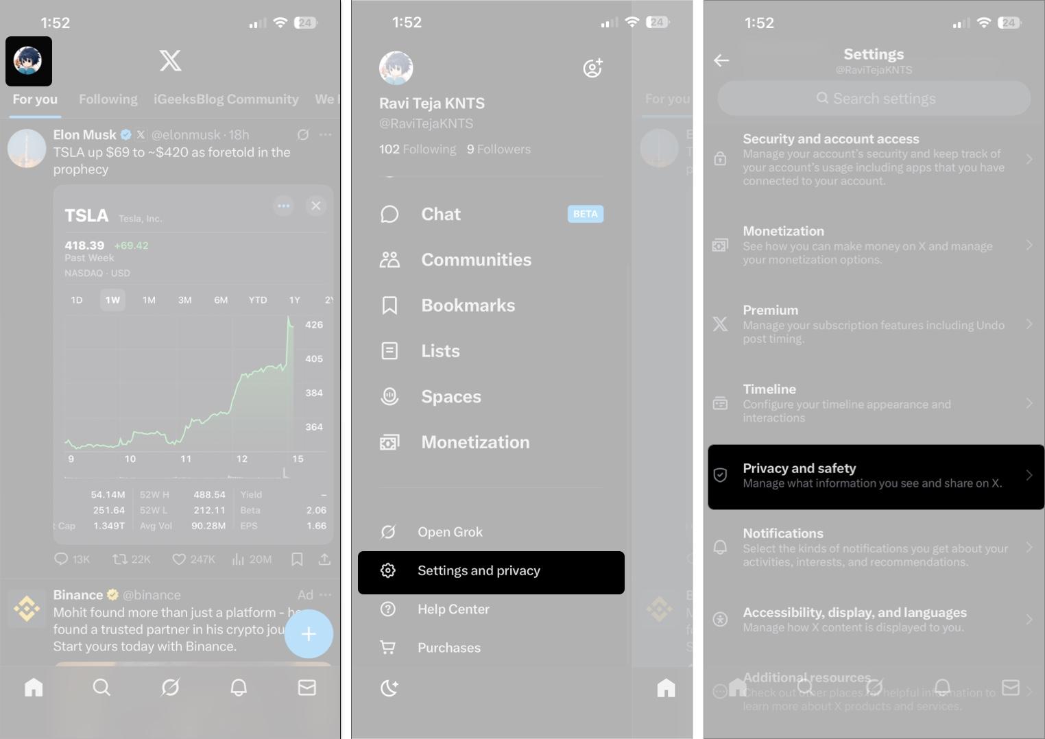 Tap on profile icon to access settings and privacy on X app on iPhone