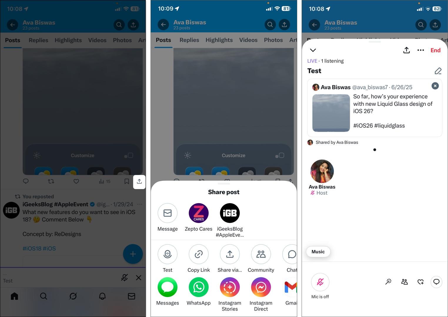 Tap share button below tweet then select space name