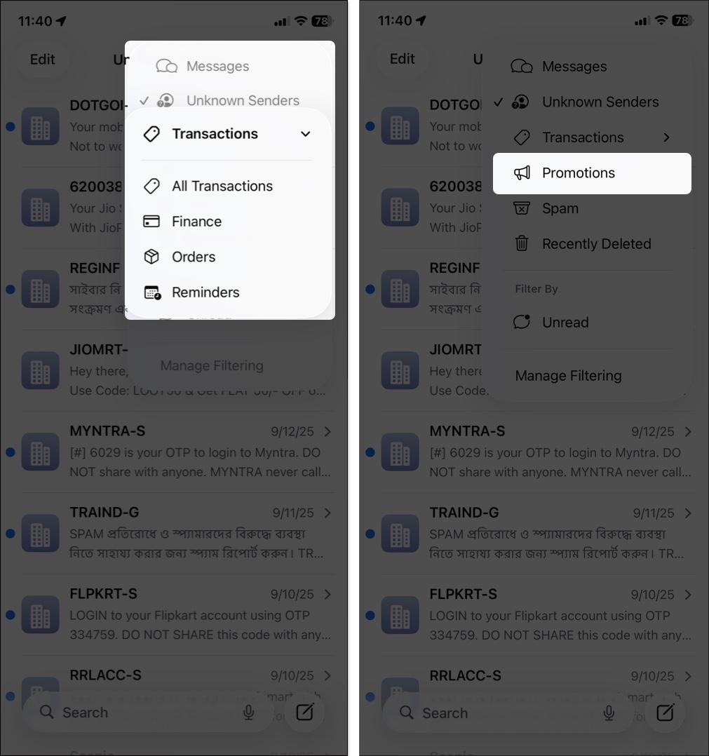 Tap transaction then choose option from menu