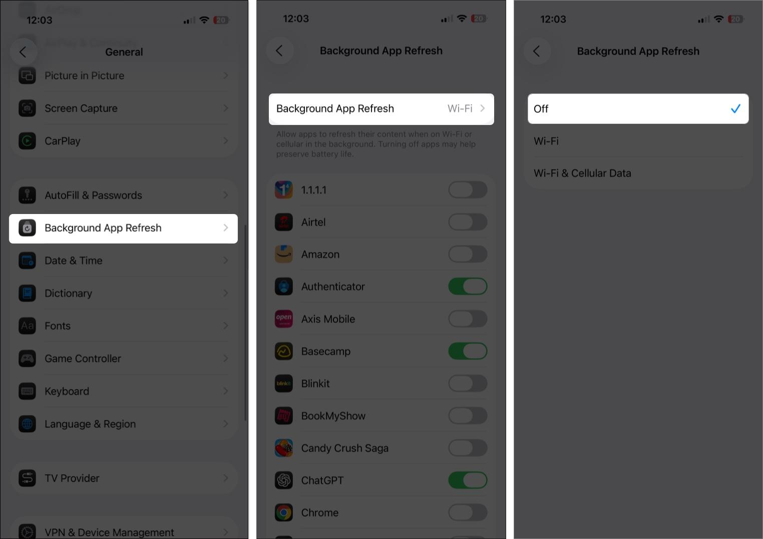Toggle off background app refresh from iPhone settings