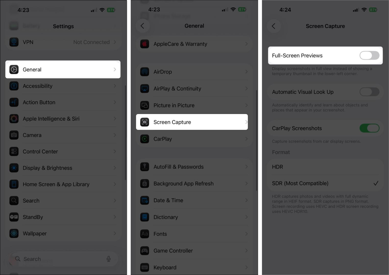 Toggle off full screen preview from iPhone settings