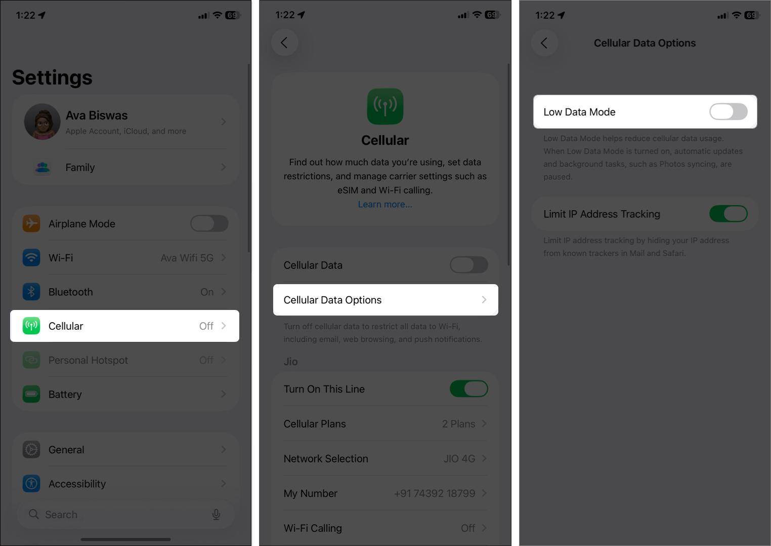 Toggle off low data mode from iPhone settings