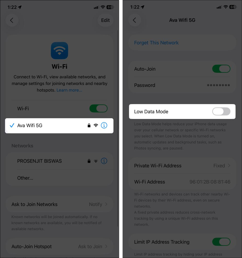 Toggle off low data mode from wifi settings on iPhone