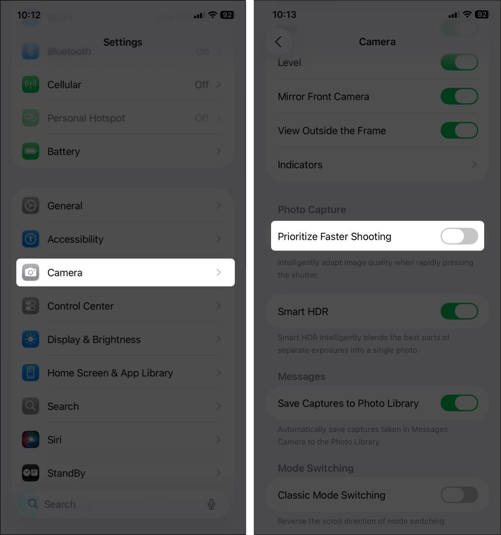 Toggle off prioritize faster shooting in Camera settings on iPhone